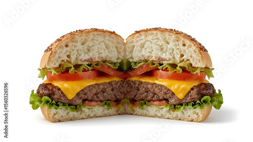 Beef burger cut in half, displaying juicy cheeseburgers with tasty fillings, suitable for food menus, ads, or social media posts.