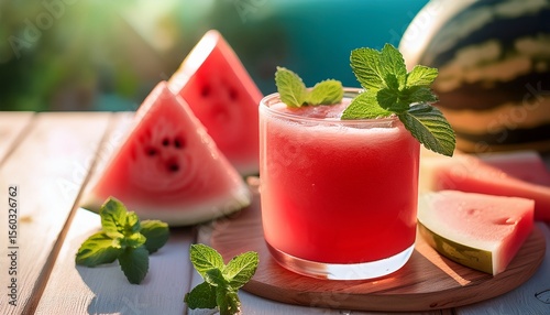 refreshing watermelon juice with mint on a sunny day generative ai