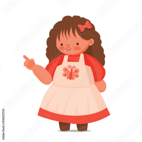 Adorable cartoon girl with curly hair and red dress pointing with her finger. 