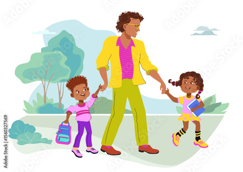 Dad, son, and daughter are holding hands and walking to school through the park. Primary School Kids. A loving father and his children talking and smiling. Cartoon flat vector flat illustration.