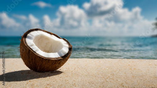 Half of coconut on tropical beach sand, perfect for advertising background or editorial visuals