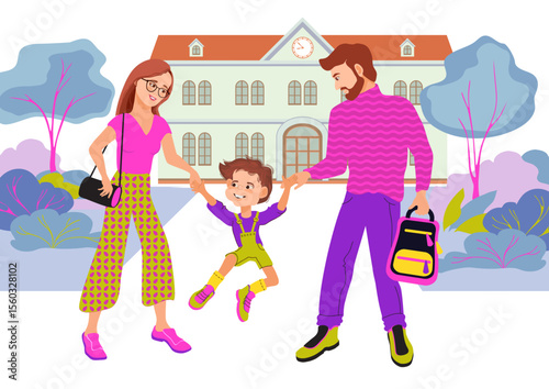 Father, mother, and funny son are holding hands and walking to school. Happy family concept. Joyful family, parenting. Loving parents and child are talking and smiling. Vector flat illustration.