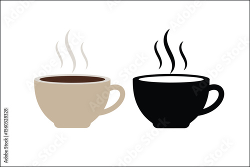  A clean and simple vector icon of a coffee cup with steam lines, flat design, modern minimal style, isolated on white background