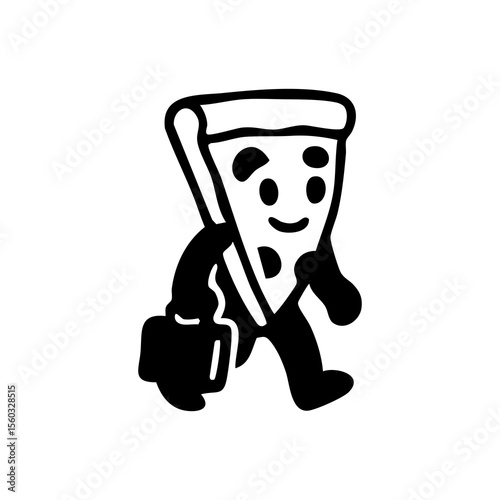 A cartoon pizza slice, anthropomorphized, walking with a briefcase