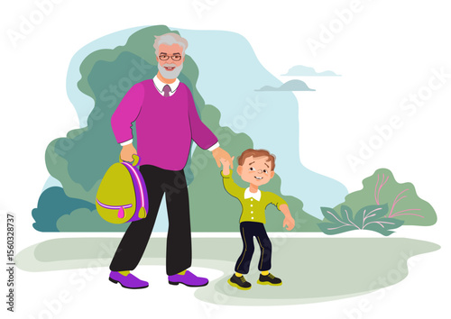 Grandfather and grandson are holding hands and walking to school through the park. Family scene, parenting. A loving grandfather and child are talking and smiling. Cartoon flat vector illustration.