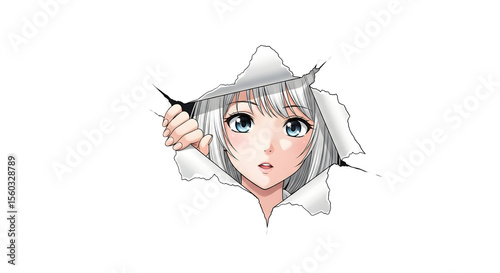 Peeking Anime Character Breaking Through Paper Illustration
