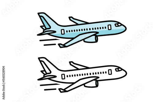 Vector flat icon of a commercial airplane in mid-flight, seen from side view, minimalist design