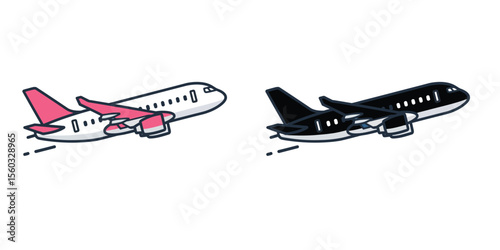 Vector flat icon of a commercial airplane in mid-flight, seen from side view, minimalist design