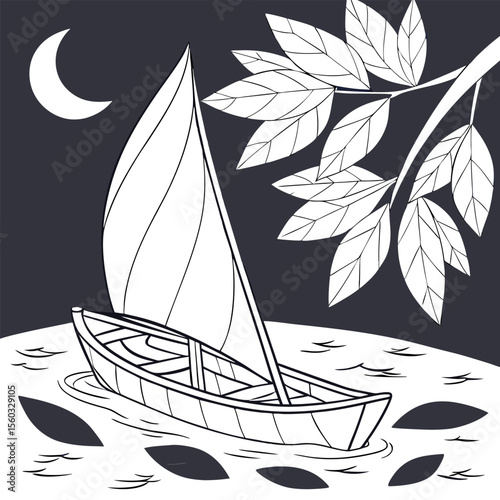 Illustration of a sailboat on water under a crescent moon and leaves against a dark background scene