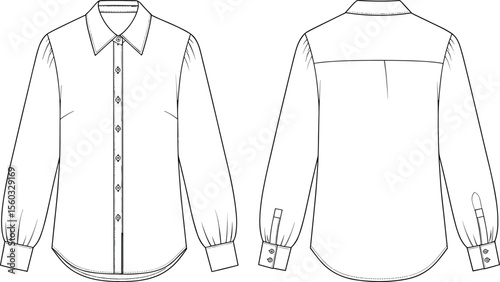 Long sleeve shirt flat, front and back view, technical drawing, CAD fashion sketch, vector apparel illustration, garment design template