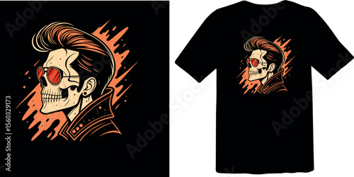 Rockabilly Skull with Pompadour Hair and Sunglasses T-Shirt Design