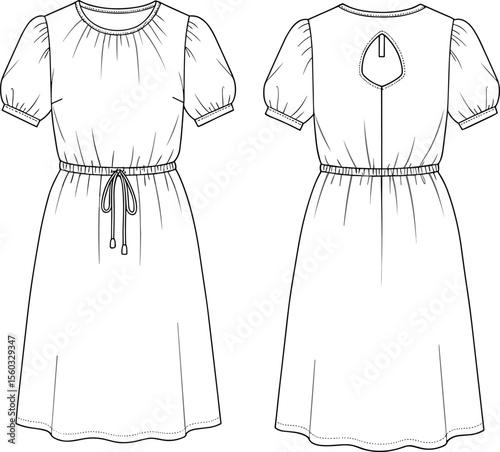 Short sleeve dress with drawstring waist, back keyhole detail, front and back CAD sketch, fashion flat, vector illustration, design