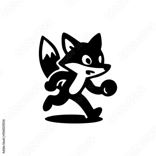 Black and white cartoon fox running with weights