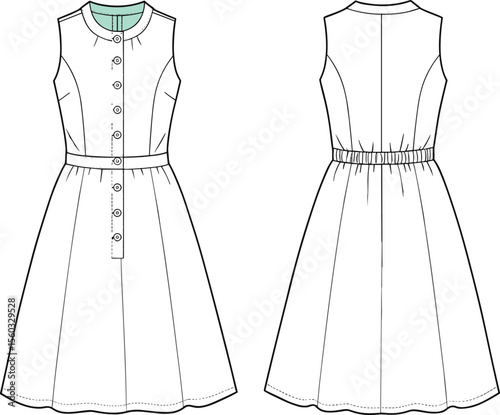 Sleeveless button front dress with waistband, gathered skirt, front placket detail, fashion technical sketch, CAD flat vector drawing illustration