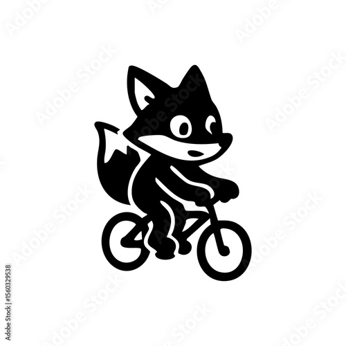 Black and white cartoon fox riding a bicycle