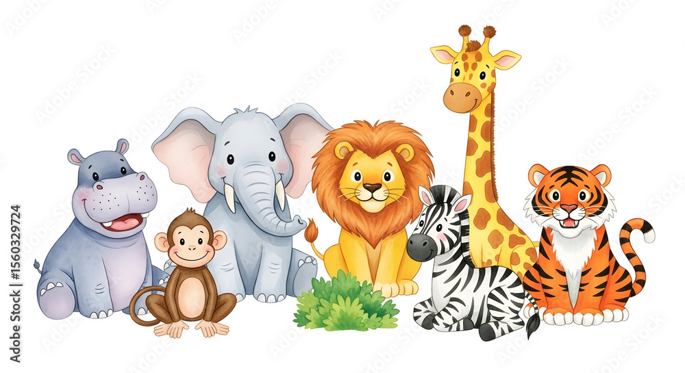Obraz premium Cartoon Animals Illustration featuring Hippo Elephant Monkey Lion Zebra Giraffe Tiger