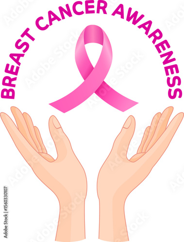 Pink ribbon symbol with hands. Breast cancer awareness month campaign. Vector illustration.