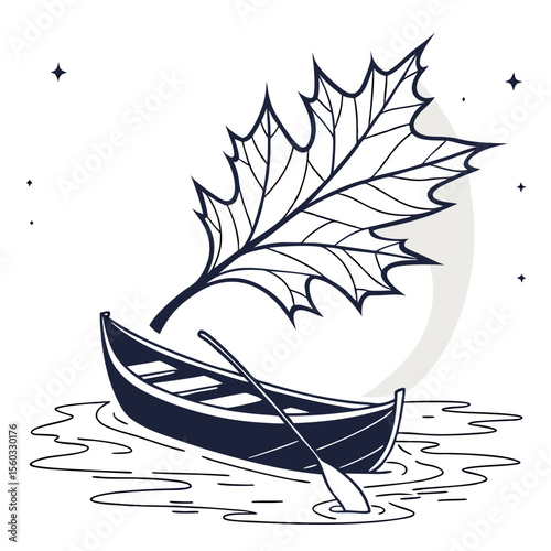 Illustration of a canoe on water with a paddle and a large leaf under a moon and stars design