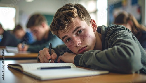 Bored and disengaged teenage boy lies on desk with open notebook in classroom, reflecting lack of motivation and academic fatigue.