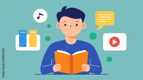 A person with dyslexia using interactive storybooks with audio features to help improve their reading and comprehension skills.. Vector illustration