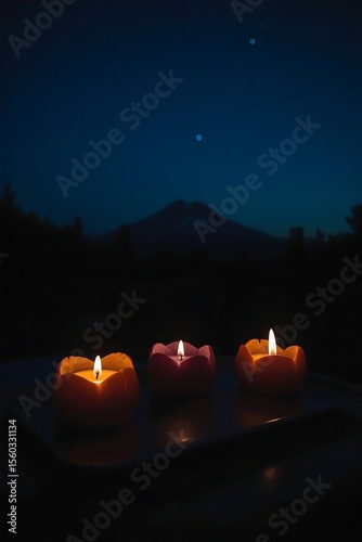 Three glowing flower shaped candles illuminate the foreground against a dark blue night sky with a distant mountain silhouette and faint stars