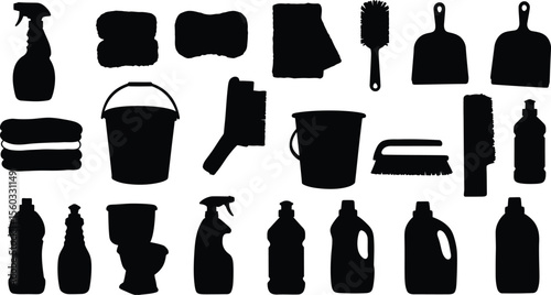 Comprehensive Cleaning Supplies Silhouette Collection: Household Tools, Detergents, and Equipment for Home and Commercial Use.