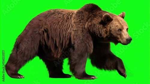 Brown bear walking green screen