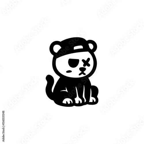 A stylized black and white illustration of a small, seated animal wearing a cap.  It has a wounded eye and a simple, cartoonish design