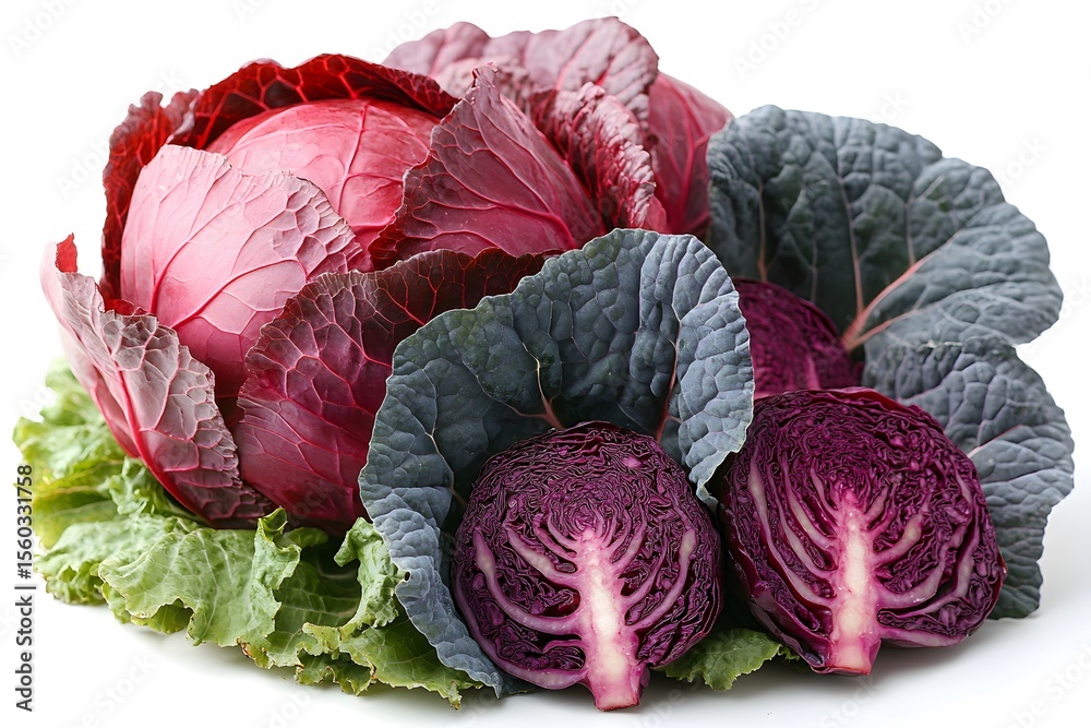 Obraz premium Fresh Organic Purple Cabbage Arrangement for Healthy Cooking and Culinary Inspiration