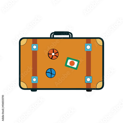 Vector art of a brown suitcase with travel stickers isolated on white background