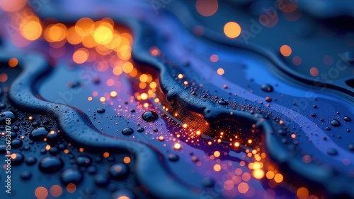 Closeup of shimmering water droplets creating vibrant patterns and reflections.