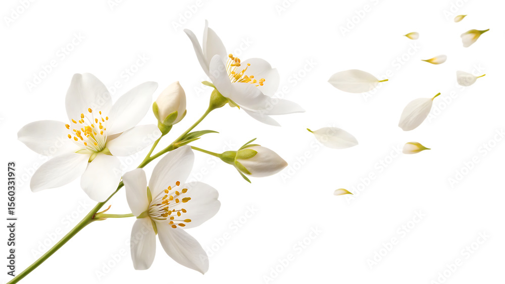 Fototapeta premium Flying flower of jasmine falling in the air isolated on a white background PNG. AI GENERATED.