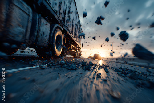 Dramatic collision between large semi truck and car on highway