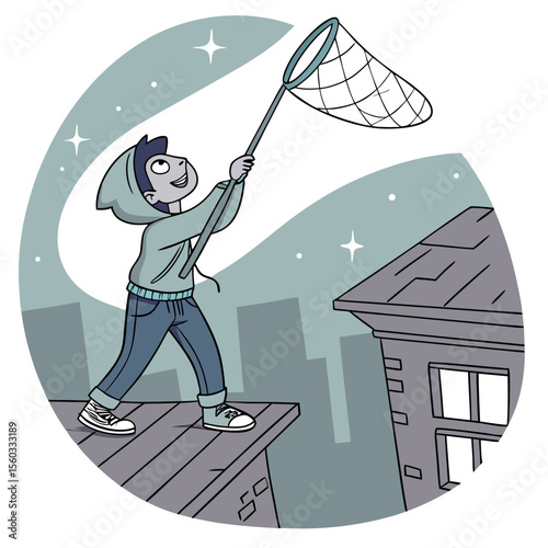 Illustration of a boy on a rooftop reaching for stars with a net against a cityscape background at night