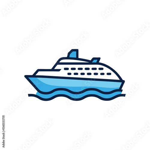 Vector art of a blue cruise ship sails on the wavy sea, isolated on white background