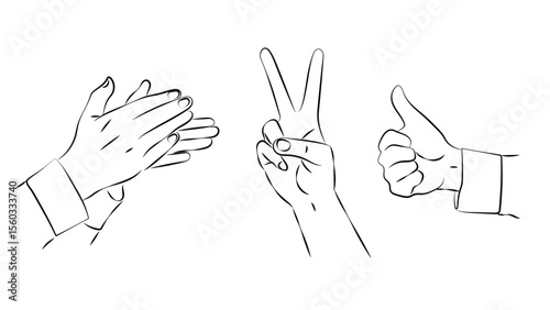 Hand gestures line art vector set including clapping peace sign and thumbs up