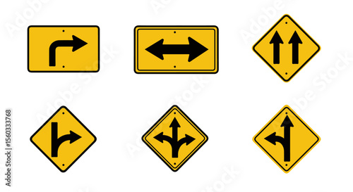 Collection of Yellow Road and Traffic Warning Sign. A set of yellow road and traffic warning signs including turns, two-way arrows, and bumpy road. Essential for navigation and safety.