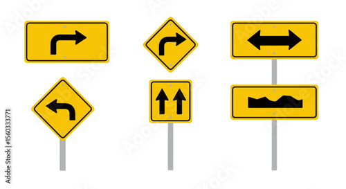 Collection of Yellow Road and Traffic Warning Sign. A set of yellow road and traffic warning signs including turns, two-way arrows, and bumpy road. Essential for navigation and safety.
