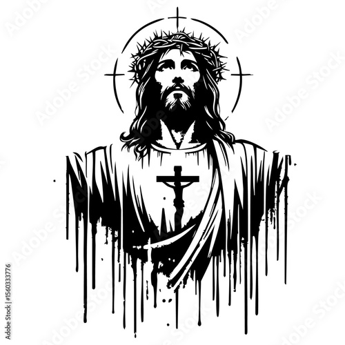 Jesus Silhouette Grunge Splatter and Dripping Spray Effects