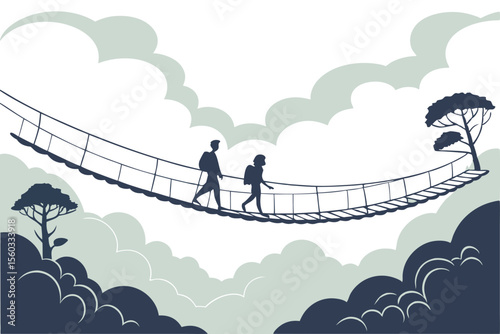 Silhouetted people walking on a rope bridge amidst clouds and trees in a stylized landscape scene