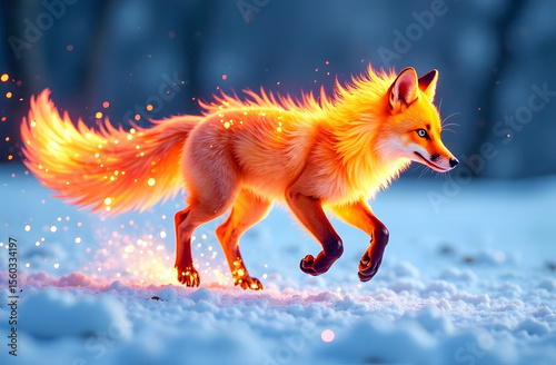 Glowing fiery fox walking on snow with sparks flying from paws in winter forest.