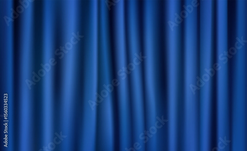 Rich blue fabric with vertical smooth and shiny folds, deep, saturated blue tone, depth and richness, theatrical curtain or decorative backdrop.