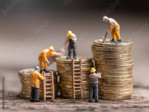Mini entrepreneurs stacking enormous coin blocks together, finance & investment teamwork concept. Generative Ai.