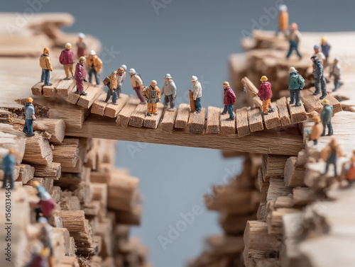 Mini people building a gigantic wooden bridge together over a gap. Unity and engineering symbolism. Generative Ai.