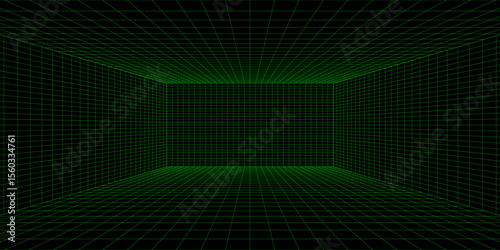 Empty futuristic 3D wireframe green room. Vector perspective grid. Cyberspace background. Box with digital space in virtual reality.
