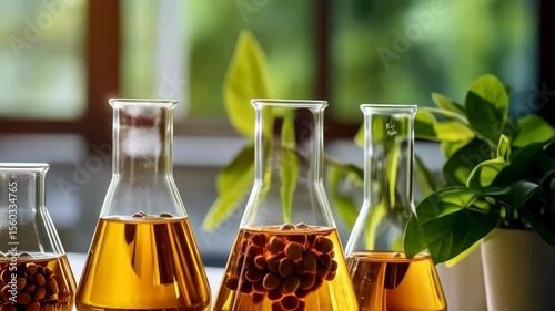 Soybean research displaying oil and beans in laboratory glassware with plant decoration in bright ambient setting