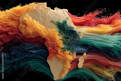 Pan-African Abstract Art with Golden Africa Map and Colorful Swirls
