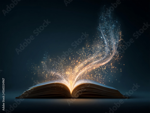 Open book with glowing light emerging, concept of learning and knowledge, dark background. Generative Ai.