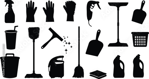 Cleaning Supplies Silhouette Collection: Household Tools, Equipment, and Products for Home and Office Maintenance, Disinfection, and Hygiene.