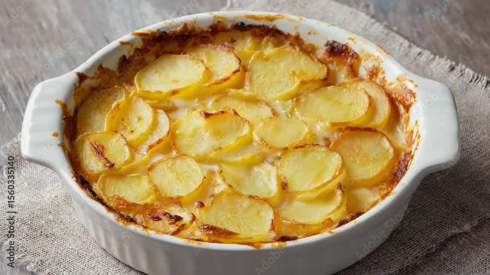 Classic potato gratin, golden and crispy on top, served in a white ceramic dish, soft light highlighting the texture and warmth
Classic potato gratin, golden and crispy on top, served in a white ceramic dish, soft light highlighting the texture and warmth